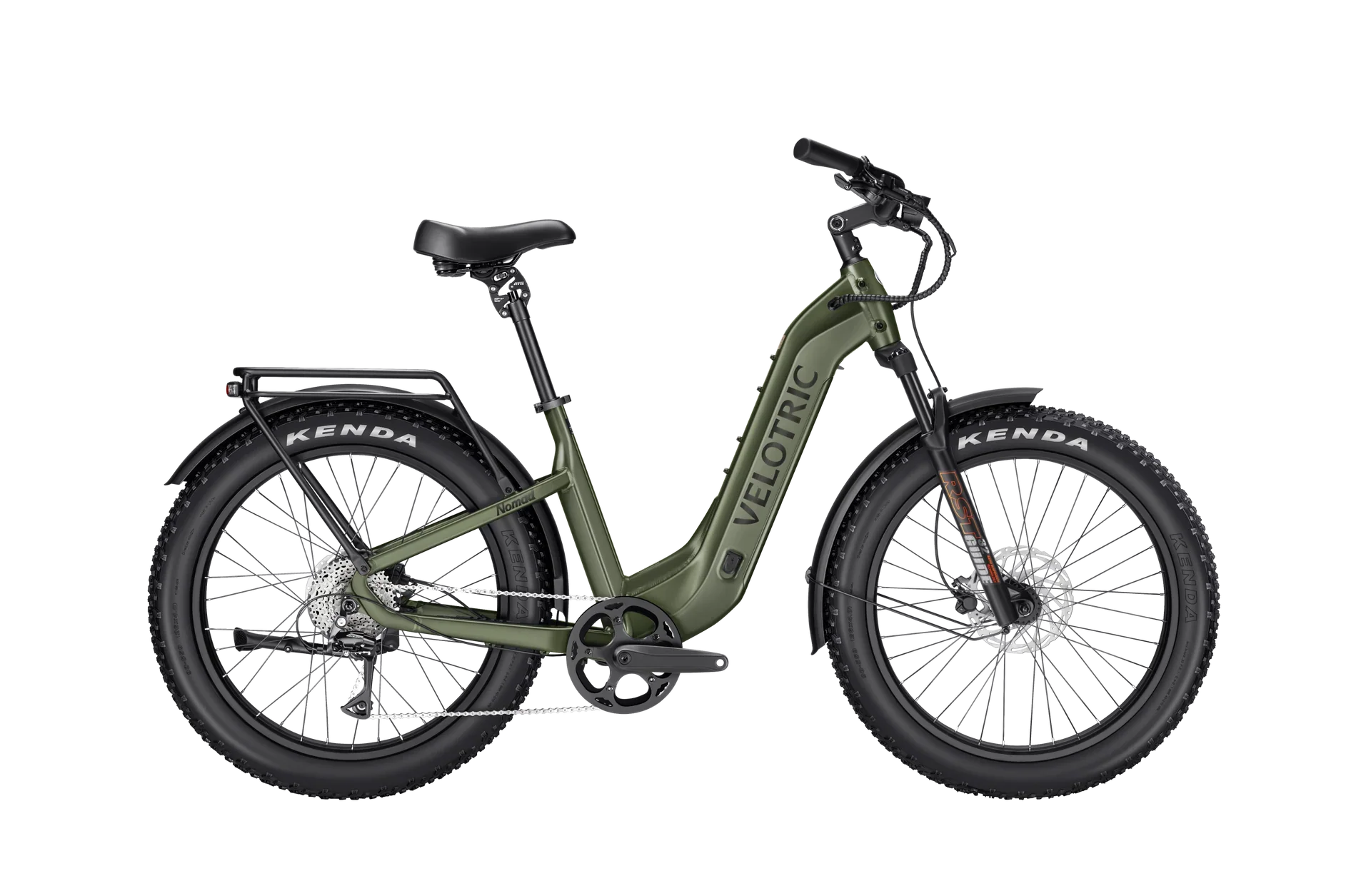 Olive green Velotric Nomad 2 eBike, step-thru frame, regular large size, side view