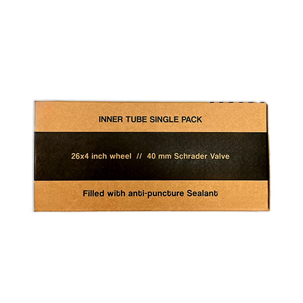 Product image of an eBike 26x4 fat tire self-sealing bicycle tube with a Schrader valve, designed for heavy-duty e-bike use.