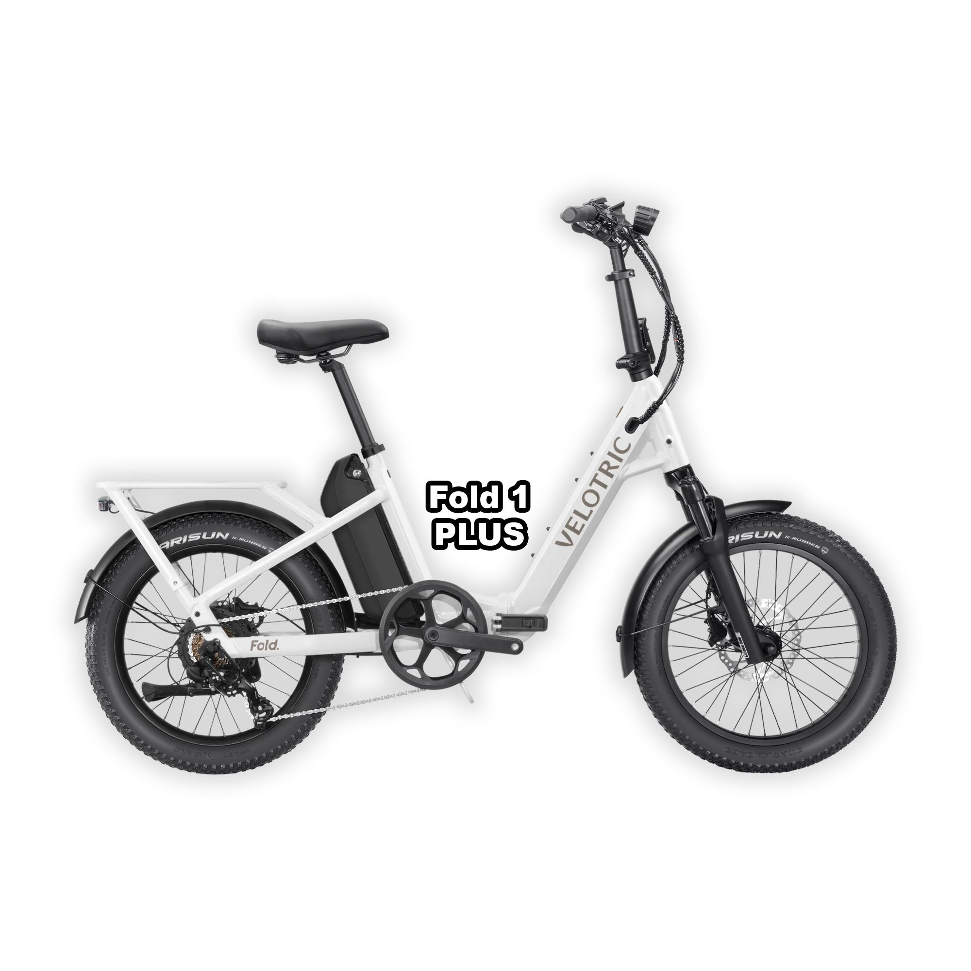 Velotric Fold 1 PLUS eBike in Pearl White, folded and placed inside its box, product image on a white background