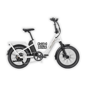 Velotric Fold 1 PLUS eBike in Pearl White, folded and placed inside its box, product image on a white background