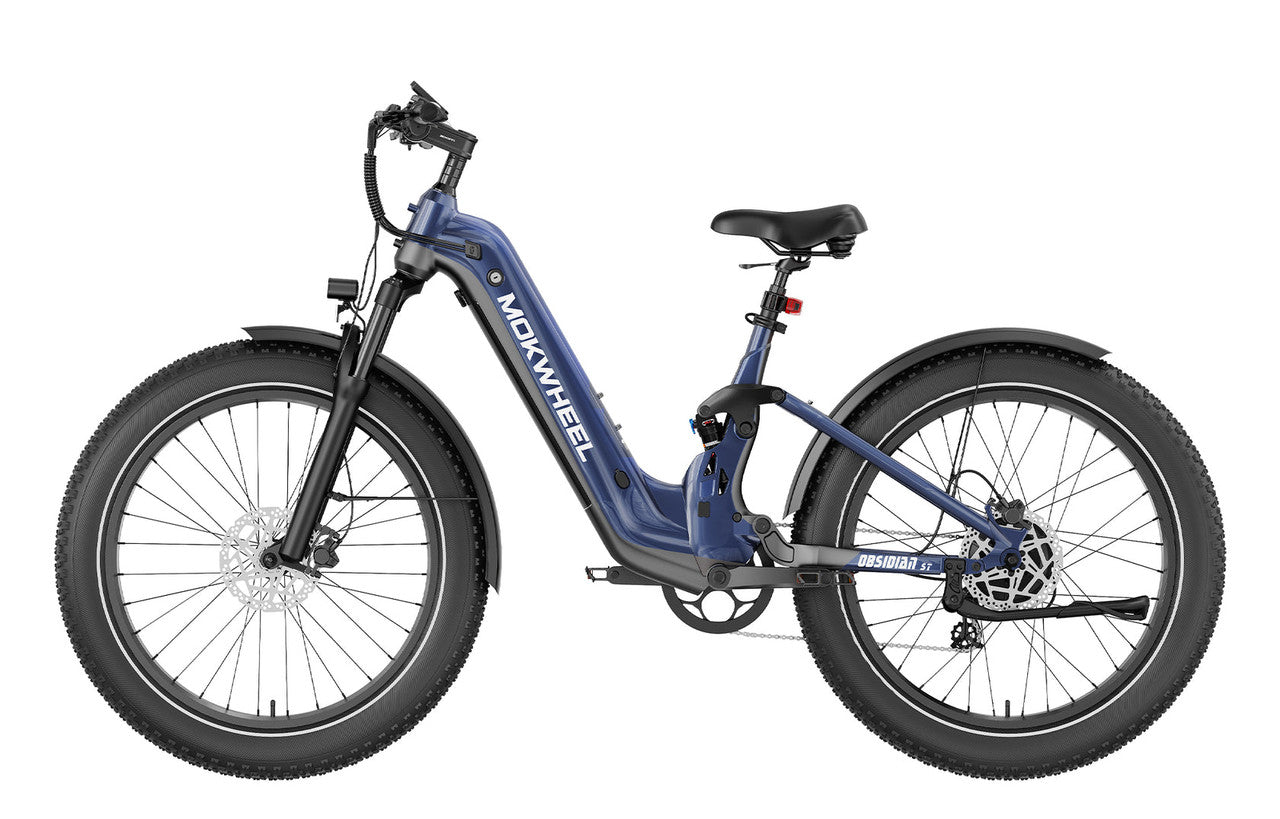 Blue-grey Mokwheel Obsidian ST eBike, side view, against a plain background.