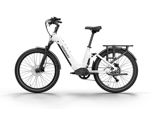 White Himiway A7 electric bike side view, showcasing step-through frame, front suspension, and rear rack