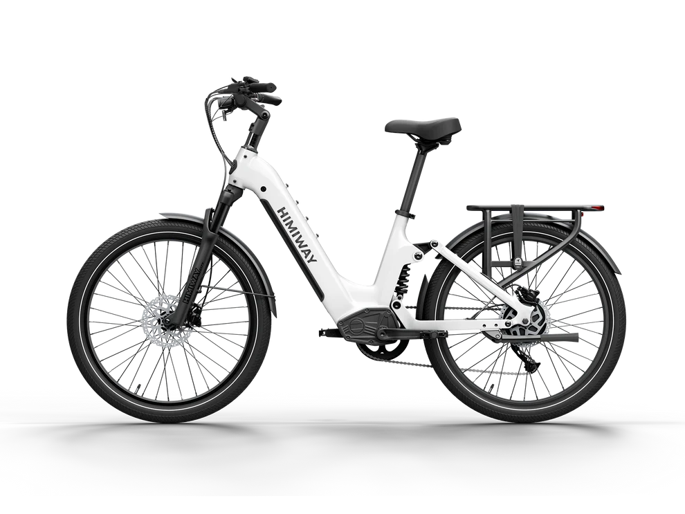 White Himiway A7 electric bike side view, showcasing step-through frame, front suspension, and rear rack