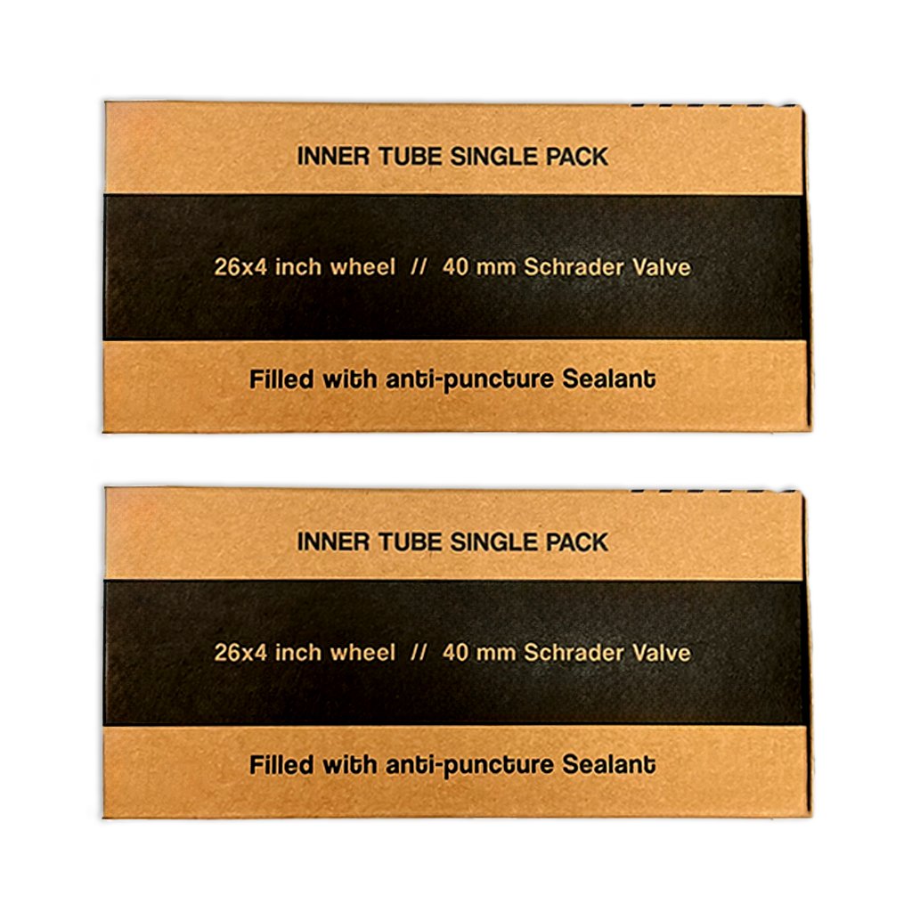 Product image of a 2-pack of 26x4 fat tire self-sealing bicycle tubes for e-bikes, labeled as heavy duty, with packaging and tubes displayed.
