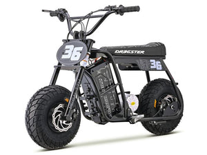 Black eMOTO EBOX Dragster electric motorcycle, side view, on white background