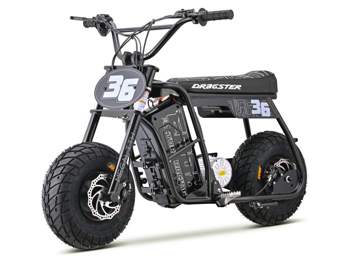 Black eMOTO EBOX Dragster electric motorcycle, side view, on white background