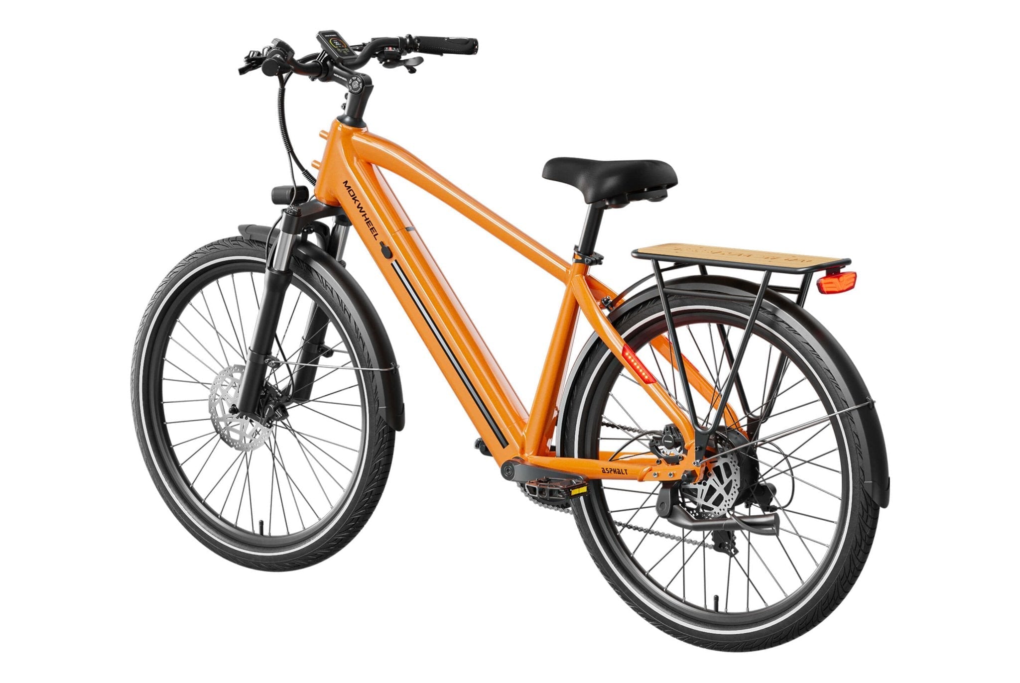 Electric bike MOKWHEEL Asphalt 2.0 in matte black, shown from a side angle, featuring a step-through frame, front suspension fork, wide tires, rear rack, and integrated battery.