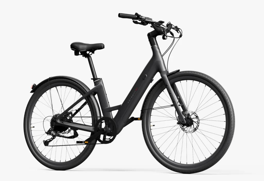 Side view of the Urtopia Carbon Classic Step Thru eBike in black, showcasing its lightweight carbon frame, step-through design, and integrated display on the handlebars.
