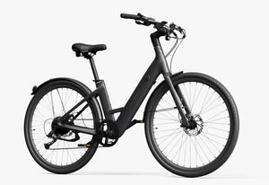 Side view of the Urtopia Carbon Classic Step Thru eBike in black, showcasing its lightweight carbon frame, step-through design, and integrated display on the handlebars.