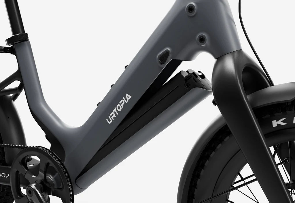 Side view of the Urtopia Carbon Joy Ultra eBike in charcoal gray, showcasing its sleek frame, integrated battery, and modern design against a plain background.