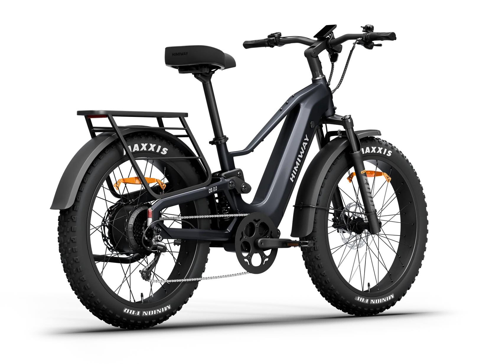 Side view of the Himiway D5 2.0 eBike in space grey, showcasing its sturdy frame, thick tires, and integrated battery against a plain background.