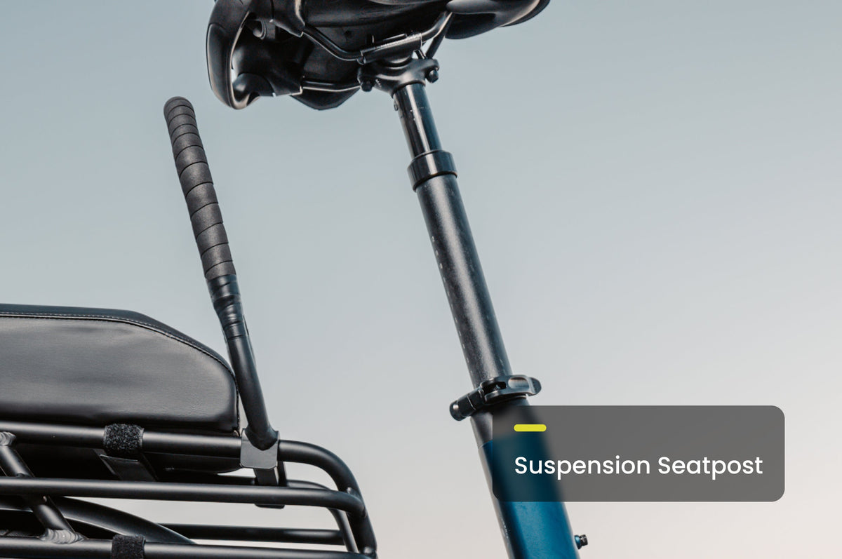 Aventon Abound SR electric cargo bike in side profile, featuring a step-through frame, rear cargo rack, and integrated battery, displayed on a white background.