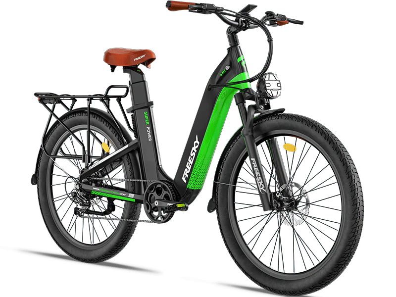 A black Freesky Nova B-360 electric bike with fat tires, front suspension fork, and rear rack, displayed on a white background.