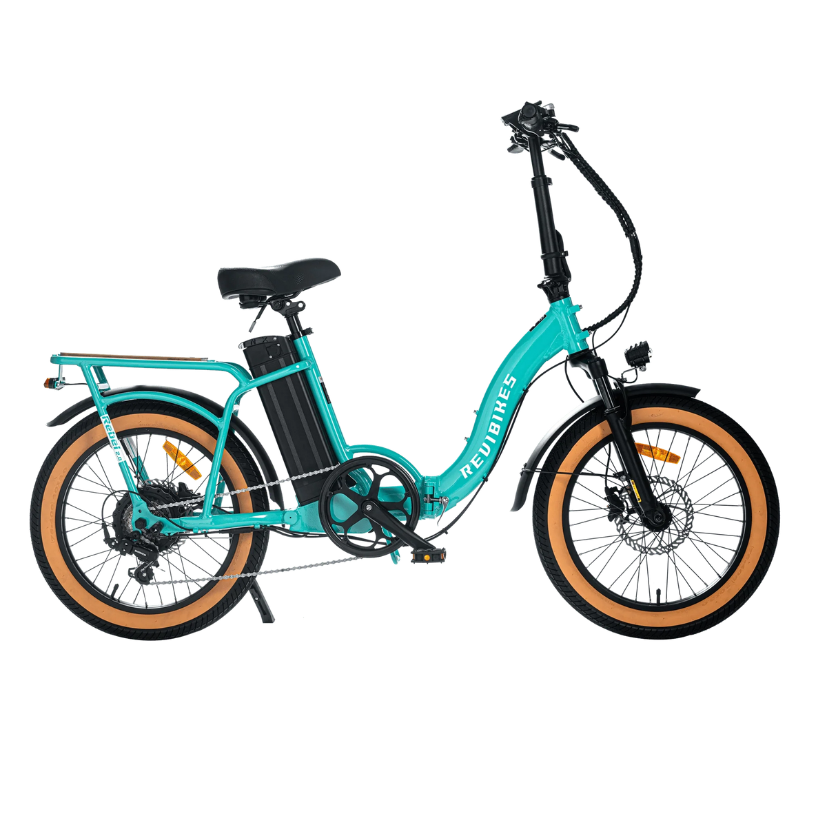 A white REVI Rebel 2 750w step-thru electric folding bike with 20x3 fat tires, shown from the side against a plain background.