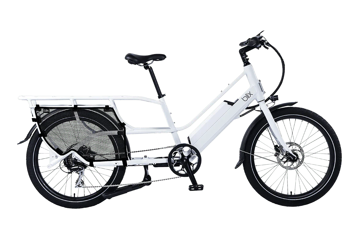White Blix Packa Genie Step-Thru 750W electric cargo eBike, side view, with rear cargo rack