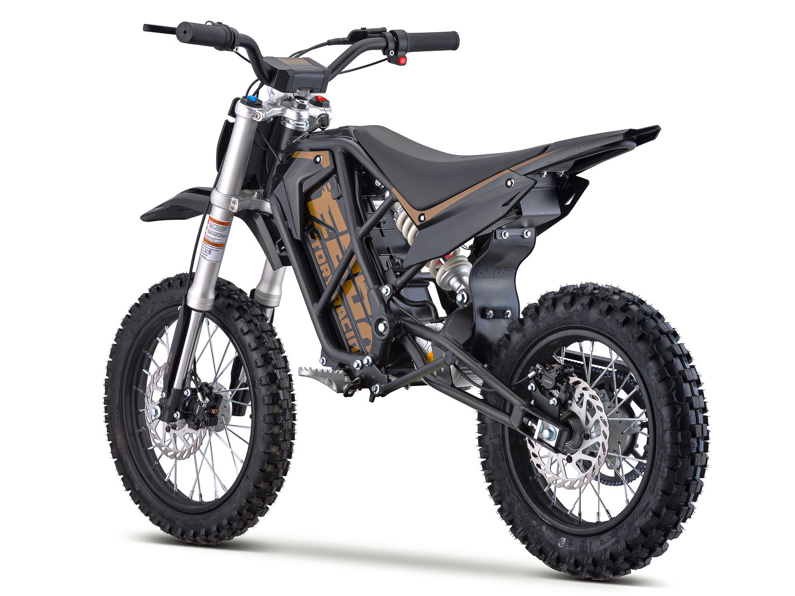 Electric pit bike for kids, eMOTO EBOX2 V2 Stomp EBOX, 60V 2000W, off-road motocross e-bike, shown in side view with rugged tires and sporty design