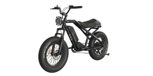 Side view of the eMOTO RAEV Bullet SE Electric e-Moto Style eBike-Moto 500W electric pit bike, showcasing its sleek black frame, thick tires, and modern design features.