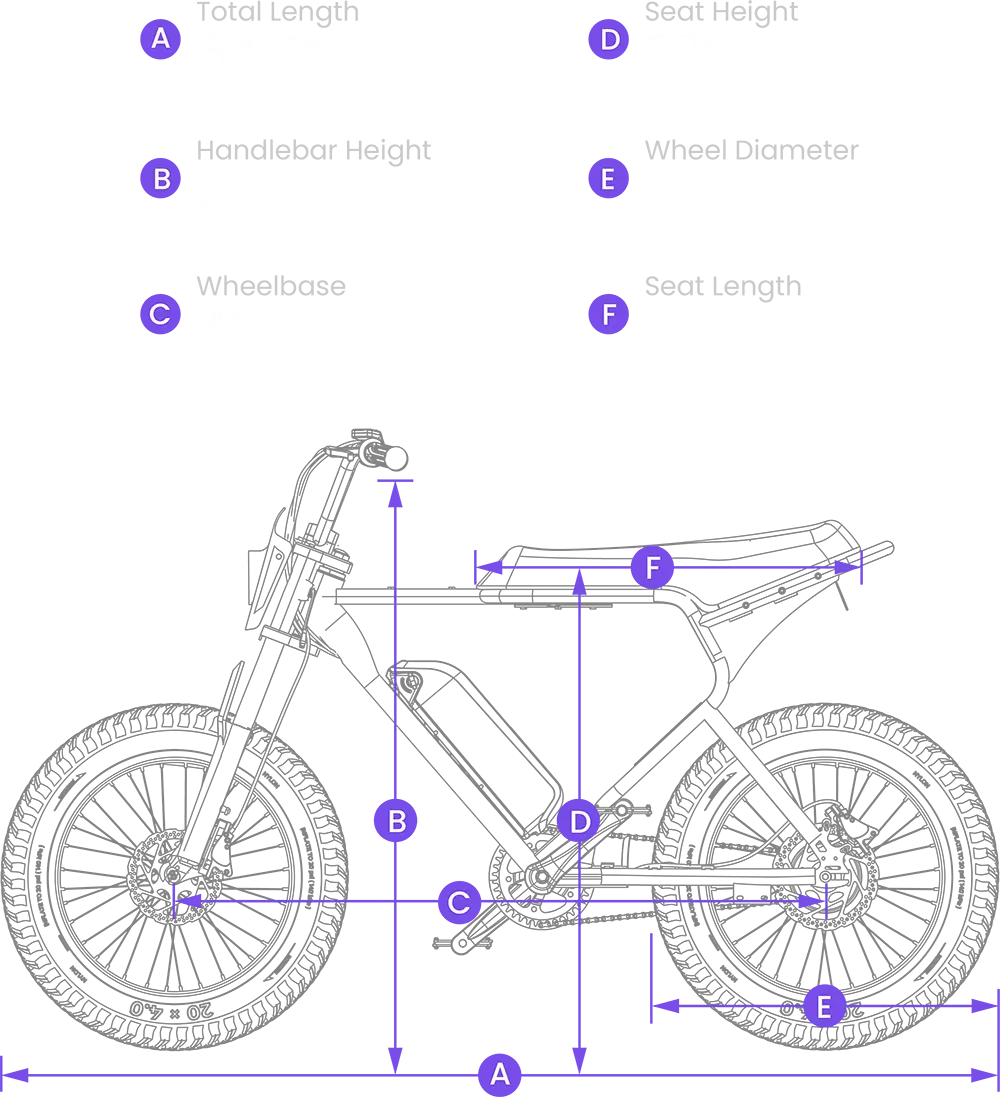 Side view of the Macfox X1S eBike next to a person for scale, with labeled measurements indicating product dimensions.
