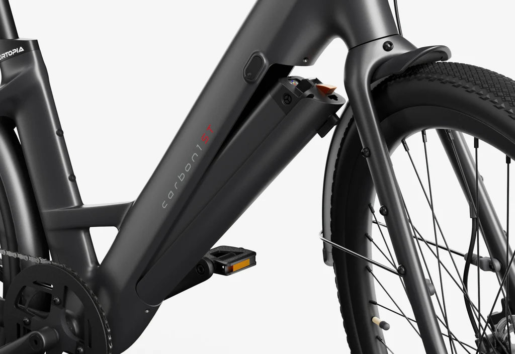 Side view of the Urtopia Carbon 1 Step Thru eBike in matte black, showcasing its lightweight carbon frame, step-through design, and sleek modern styling against a plain background.