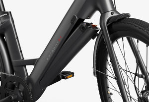 Side view of the Urtopia Carbon 1 Step Thru eBike in matte black, showcasing its lightweight carbon frame, step-through design, and sleek modern styling against a plain background.