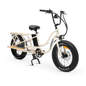Bone-colored MURF Higgs Cargo fat tire eBike side view, showcasing sturdy frame, large tires, and rear cargo rack.