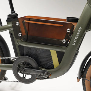 Electric bike Segway Muxi, side view, parked on pavement, modern urban background, sleek black and silver design