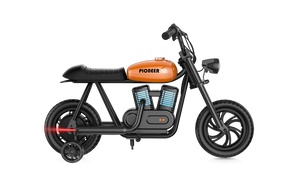 Orange eMOTO Hyper Gogo Pioneer 12 Plus electric bike with training wheels, side view