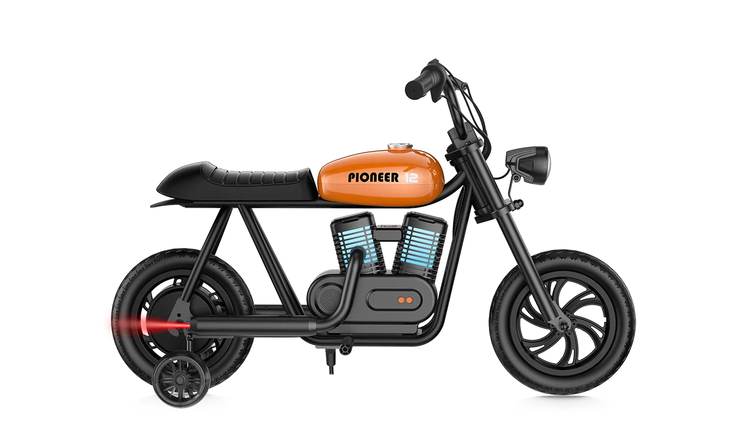 Orange eMOTO Hyper Gogo Pioneer 12 Plus electric bike with training wheels, side view