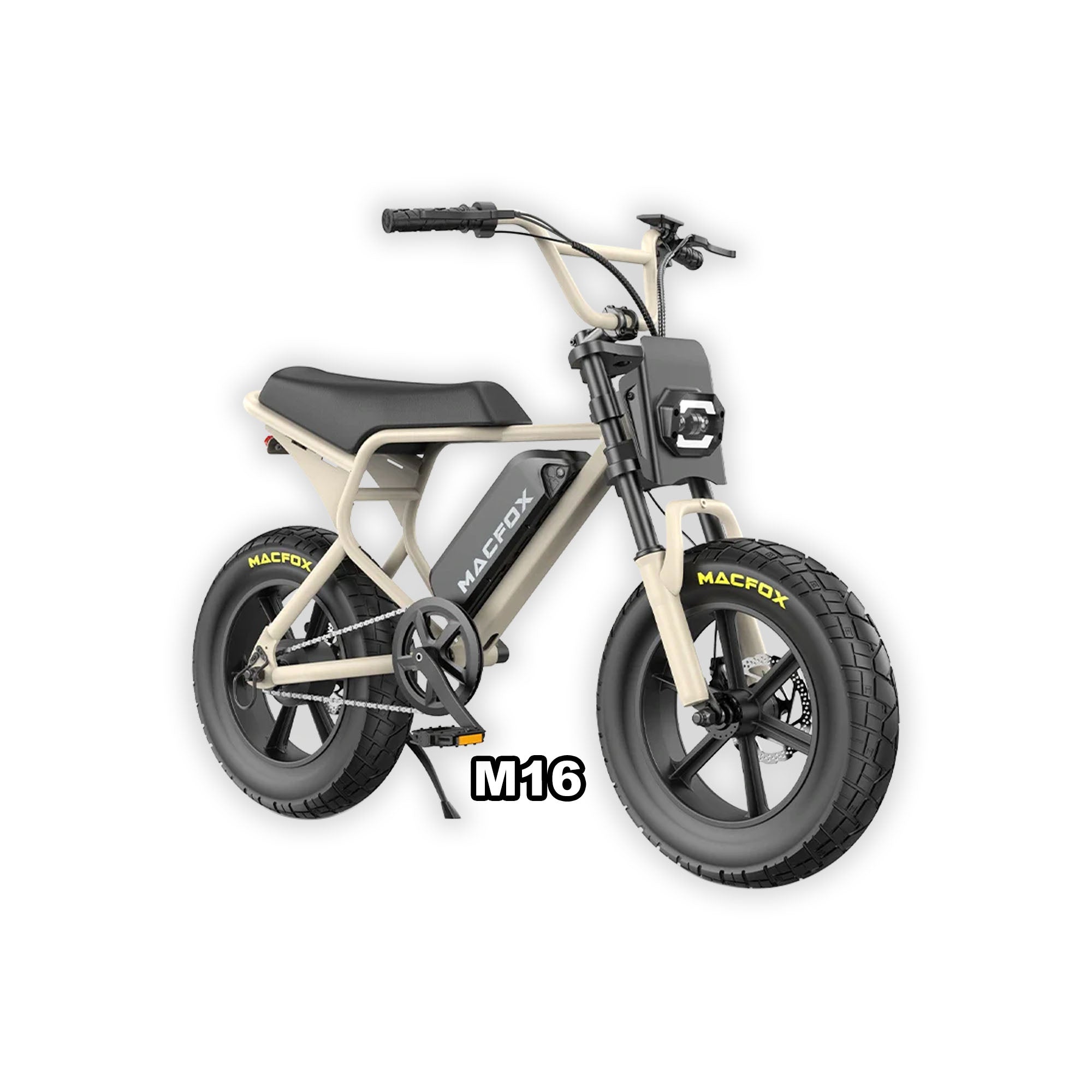 Macfox M16 X7 Mini eBike in desert beige color, shown inside its box with packaging materials.