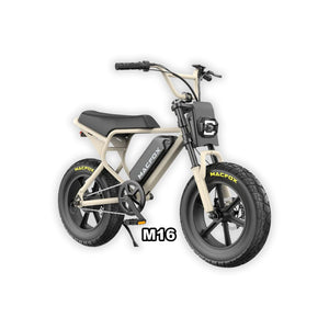 Macfox M16 X7 Mini eBike in desert beige color, shown inside its box with packaging materials.