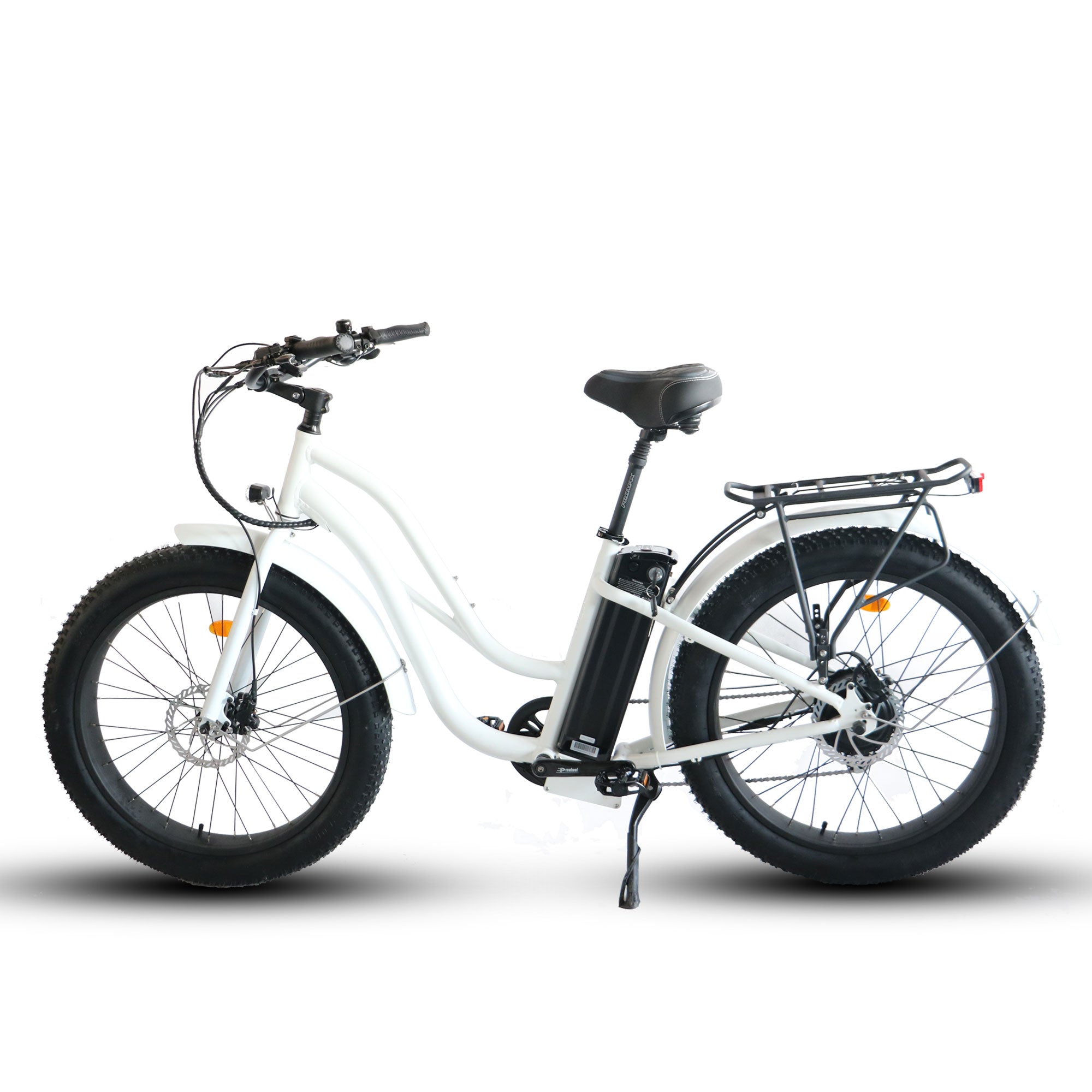 A black eBike fat tire step-thru 26x4 beach cruiser electric bike with a 52v battery, shown from the side against a white background.