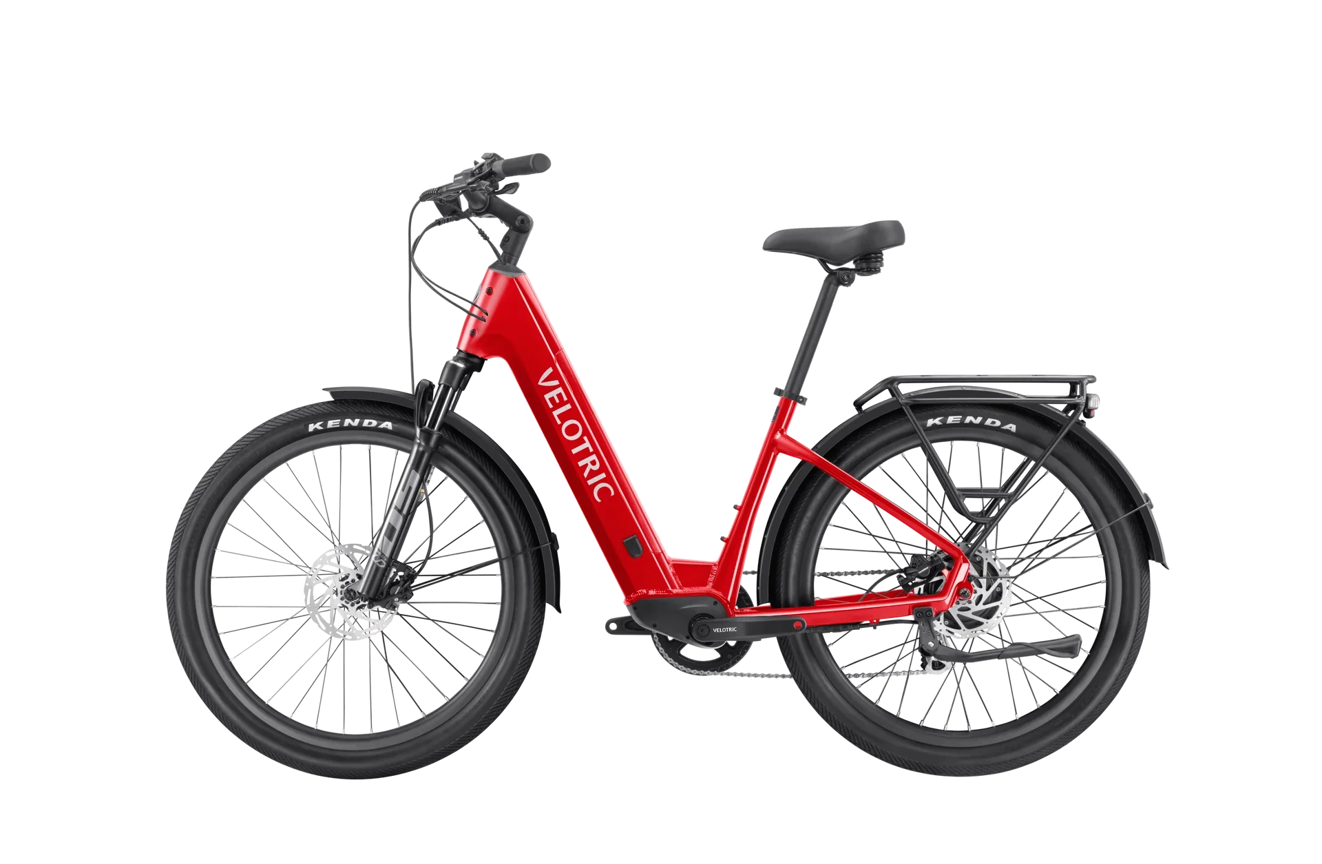 Side view of the Velotric Discover 2 eBike in white, showcasing its step-through frame, rear rack, and integrated battery.