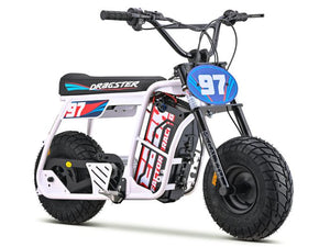 White eMOTO EBOX Dragster electric motorcycle, side view, on a plain background