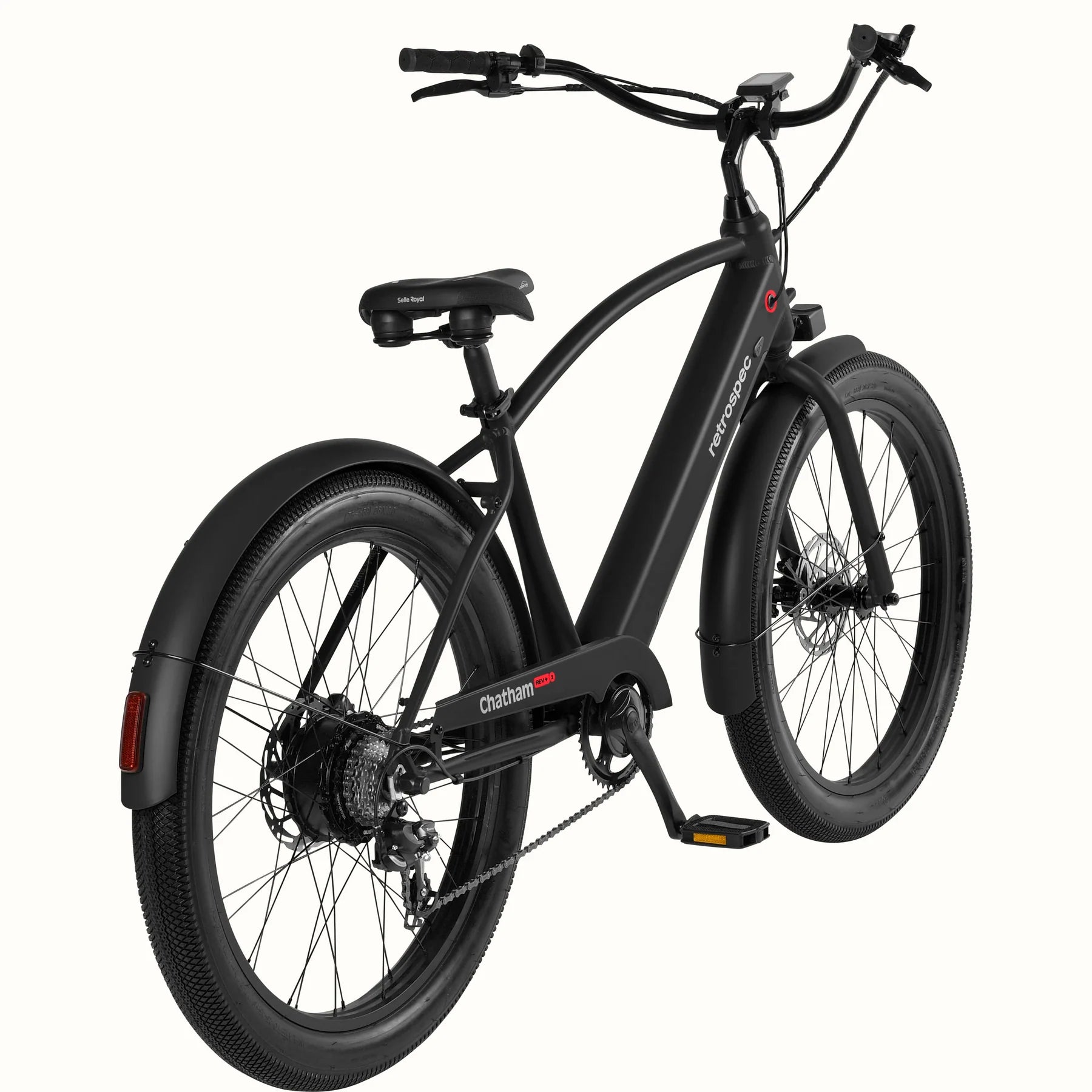 Matte black Retrospec Chatham Rev Plus 2 eBike, step-over frame, side view, against a plain background