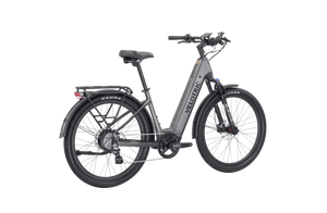 Side view of the Velotric Discover 2 eBike in a matte finish, showcasing its step-through frame, integrated battery, rear rack, and wide tires against a plain background.