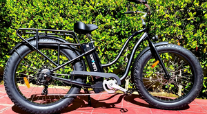 Black eBike Driven HD Rocket Step-Thru electric bicycle, side view, on a white background