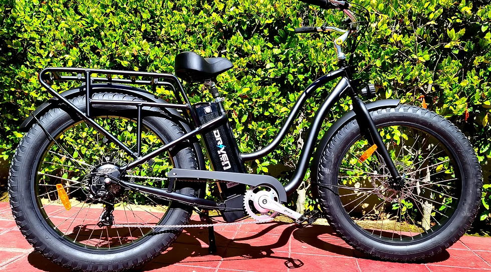 Black eBike Driven HD Rocket Step-Thru electric bicycle, side view, on a white background
