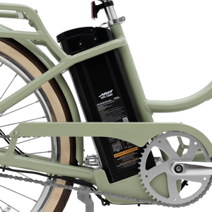 Side view of the Murf Gigi 2.0 eBike in a natural outdoor setting, showcasing its step-through frame, wide tires, and rear cargo rack.