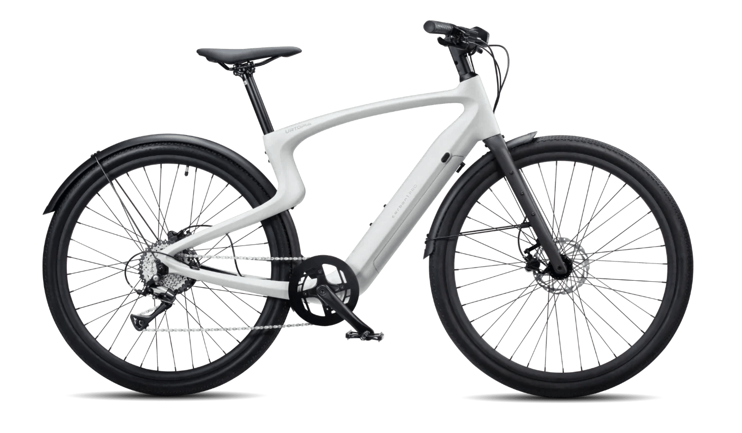 Urtopia Carbon1 Pro eBike in creme color, shown inside its original box with packaging materials.