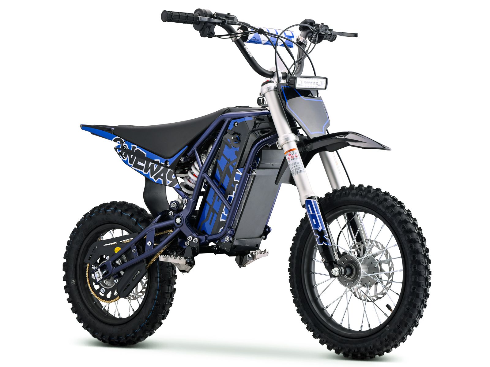 Side view of the eMOTO Stomp Ebox V3 72 RS electric dirt bike, showcasing its frame, wheels, and suspension system against a plain background.