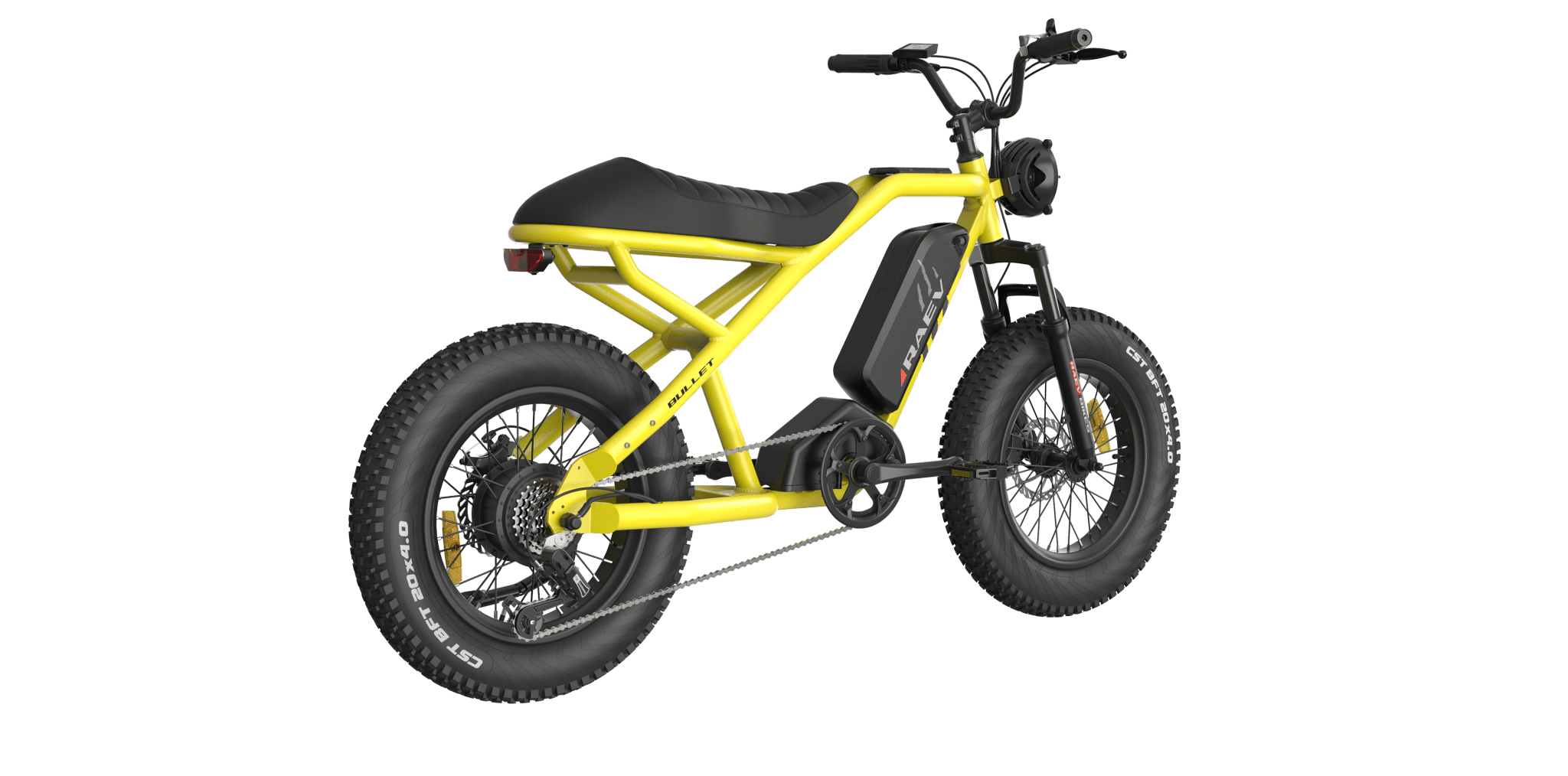 Side view of the eMOTO RAEV Bullet V2 Electric e-Moto Style eBike-Moto 500W electric pit bike, showcasing its sleek black frame, thick tires, and minimalist design against a plain background.