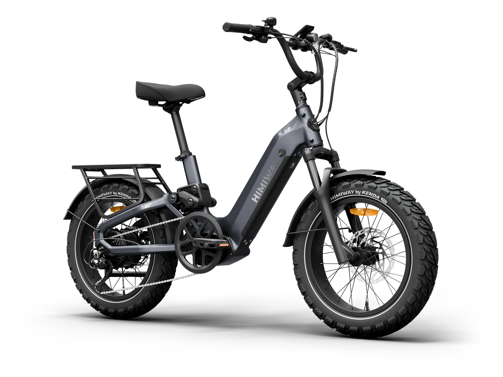 Side view of the Himiway D5 2.0 eBike in space grey, featuring 20-inch wheels, a sturdy frame, and a rear cargo rack.