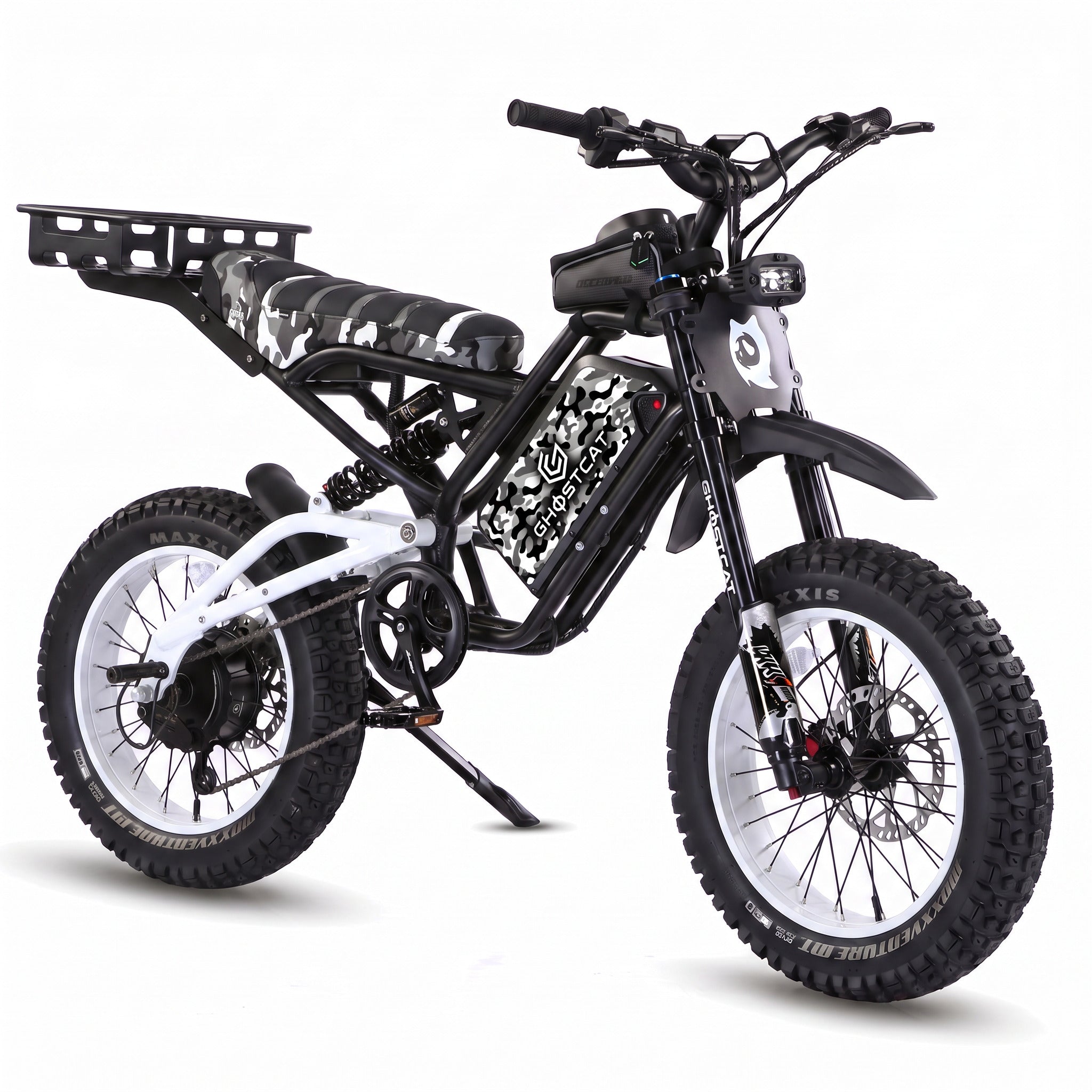 White eBike Ghostcat F4X Hunter's Edition Full Bundle, side view, showcasing bike frame, wheels, and included accessories against a plain background
