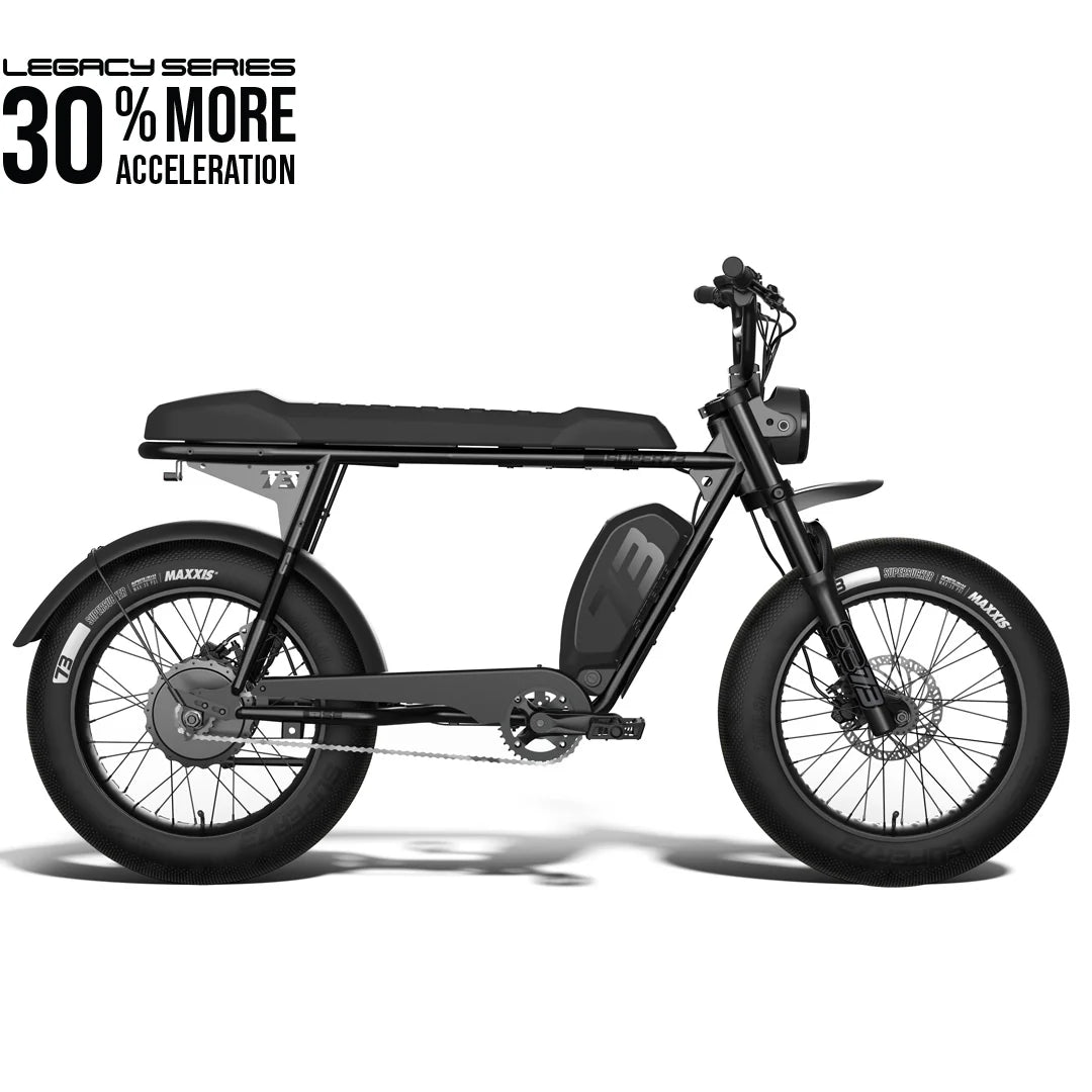 Side view of the Super73 S2 SE electric bike in black, featuring thick tires, a long seat, and a minimalist frame design.