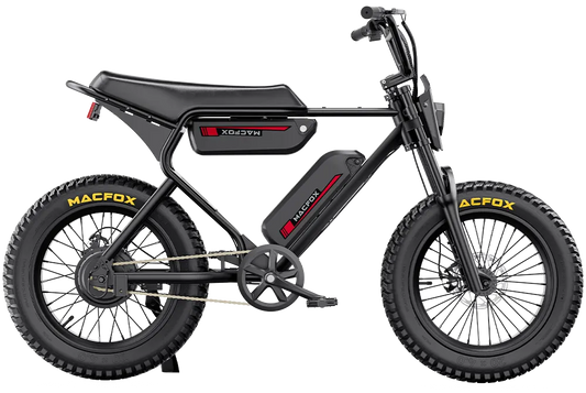 A black Macfox X1S eBike with dual suspension, shown from the side against a white background.