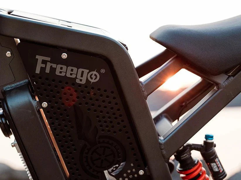 A black eMOTO FREEGO X2 Offroad Electric e-Moto Style eBike-Moto with 3000W motor, rugged tires, and a sturdy frame, designed for off-road use.