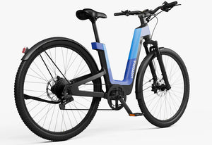Side view of the Urtopia Carbon Fusion Pro eBike in Deep Sea Blue, showcasing its sleek carbon frame, integrated battery, and modern design against a plain background.