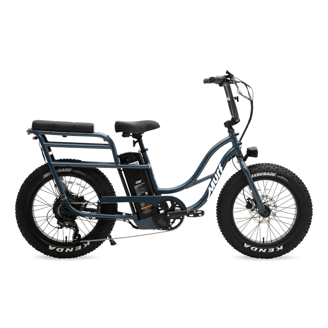 Marine blue Murf Higgs Plus eBike side view, showcasing step-through frame, wide tires, and rear rack
