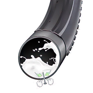 Product image of a 26x4 fat tire self-sealing bicycle tube with a Schrader valve, designed for heavy-duty e-bike use. The tube is coiled, showing its thickness and durable construction.