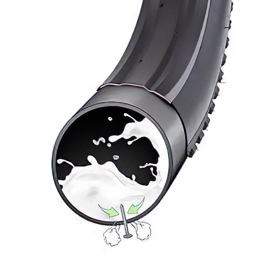 Product image of a 26x4 fat tire self-sealing bicycle tube with a Schrader valve, designed for heavy-duty e-bike use. The tube is coiled, showing its thickness and durable construction.